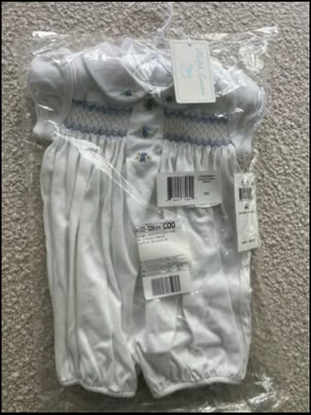 Ralph Lauren White Infant One-Piece with Light Blue Smocking